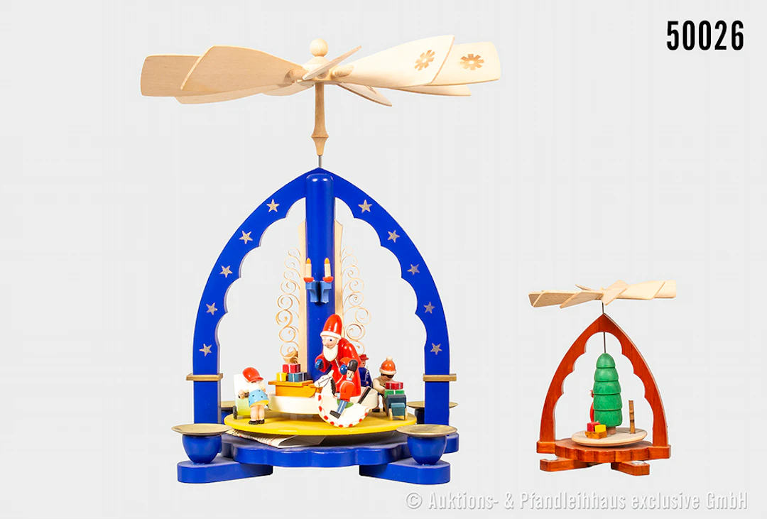 2 Erzgebirge Richard Glässer RG Weihnachtspyramiden, Holz, farbig