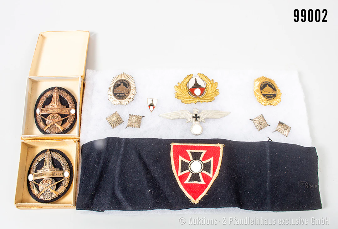 Konv. Reichskriegerbund, Armbinde, 2 Wettkampfabzeichen im Schießen