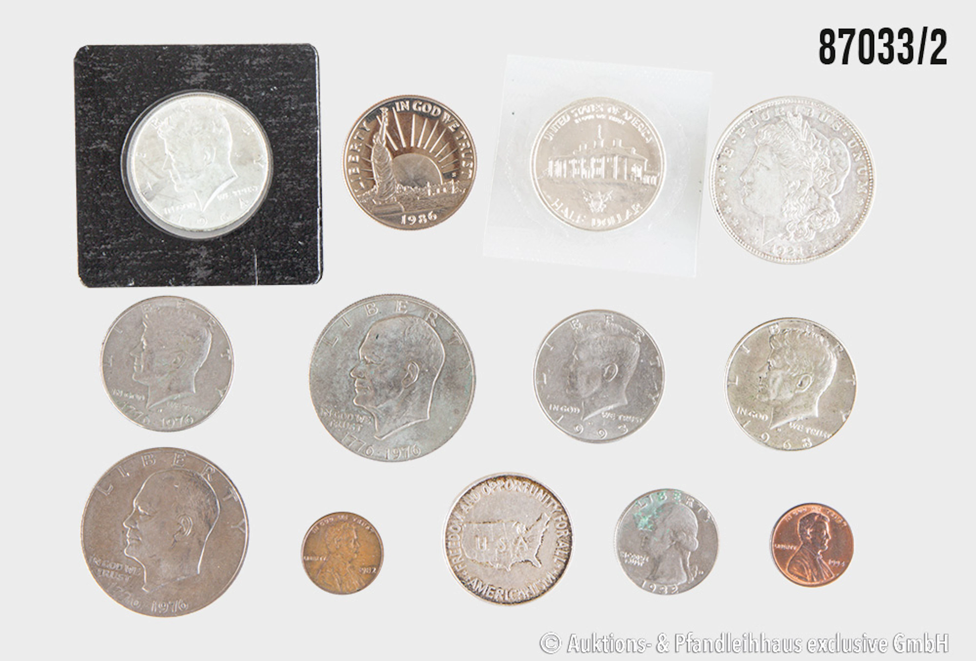 USA Konvolut 13 Münzen, 1x 1 Morgan Dollar 1921, Silber 900, 26,81