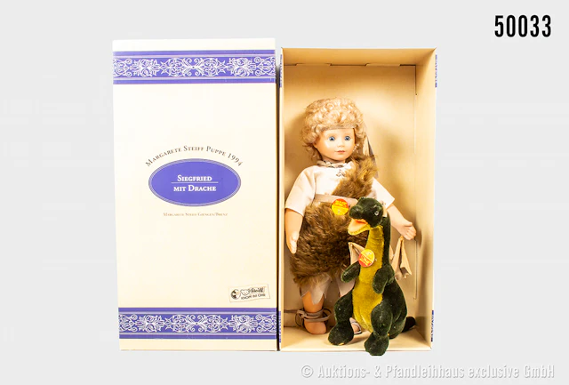 Steiff Puppe Sigfried mit Drache, Ziege mit Knopf und Fahne, Nr. 701139