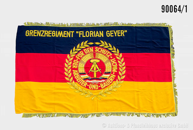 DDR Fahne, Grenztruppe mit Fransen, beidseitig bestickt "Florian Geyer"