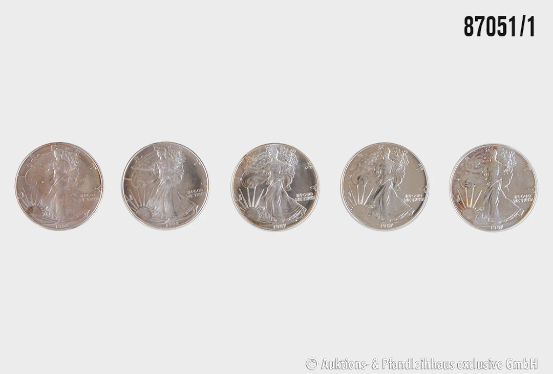 USA 5x 1 Dollar 3x 1987, 2x 1992 Silber 999, jeweils 1 Unze, Zust. vz