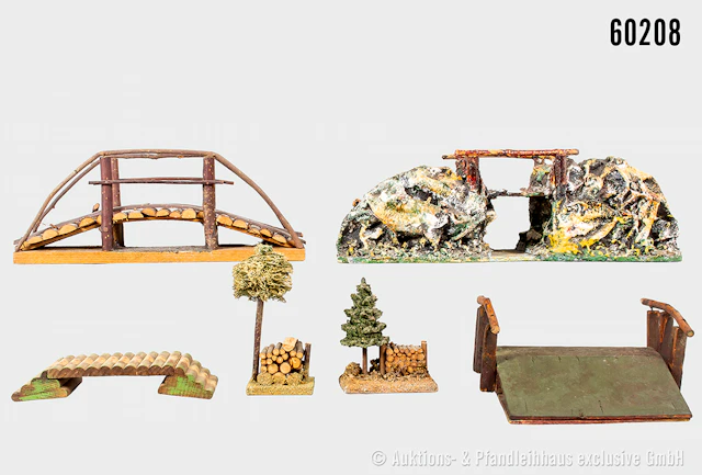 Brücken, 1 x mit Bachlauf und 2 kleine Dioramen Brennholz mit Baum