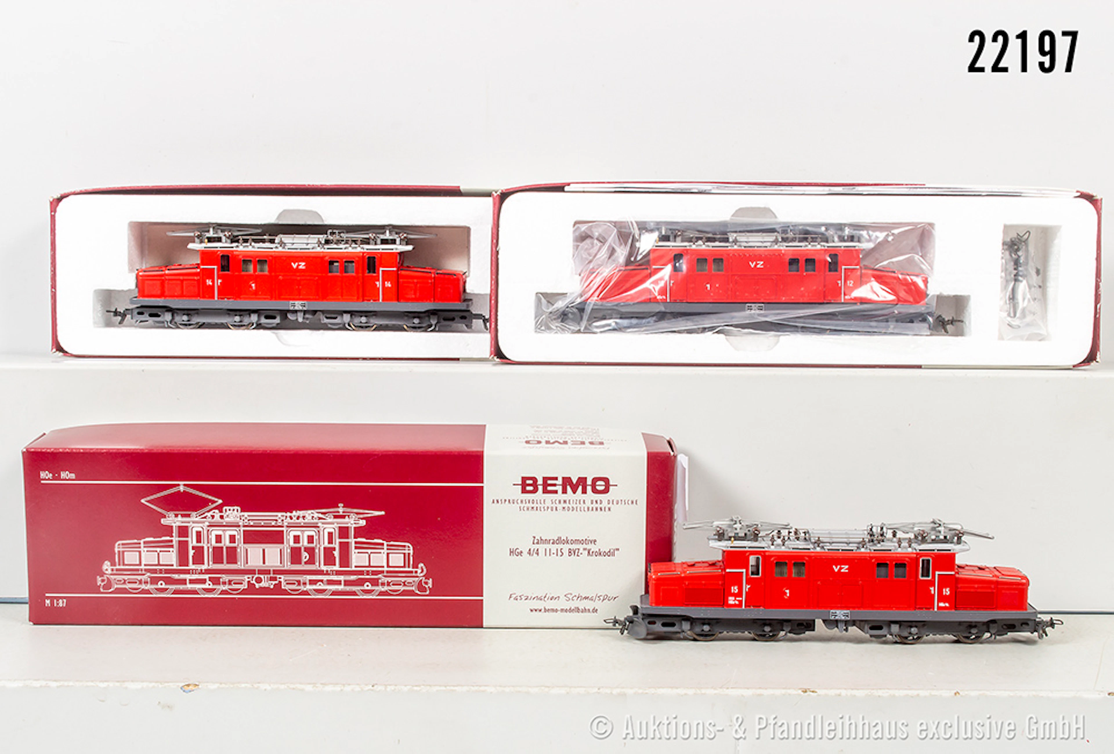 3x Bemo H0m E-Lok HGe 4/4, BVZ: "Krokodile", BN 12 & BN 14 & BN 15, Z 1-2, OVP