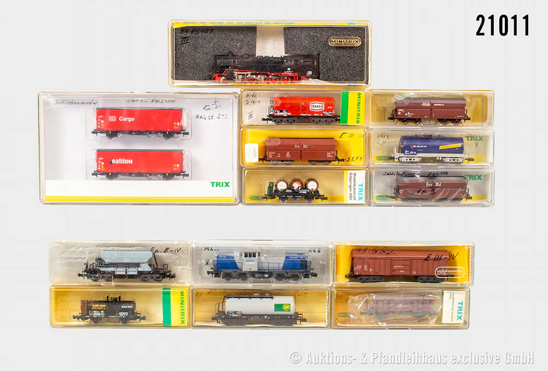 Trix Spur N Güterzug: 2053 Dampflok, DB, BN 85007 & Diesellok, RAG
