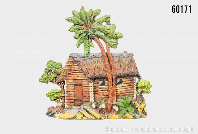 Elastolin Blockhaushütte mit Palmen, Masse, H 18,5 cm, Z 0, selten