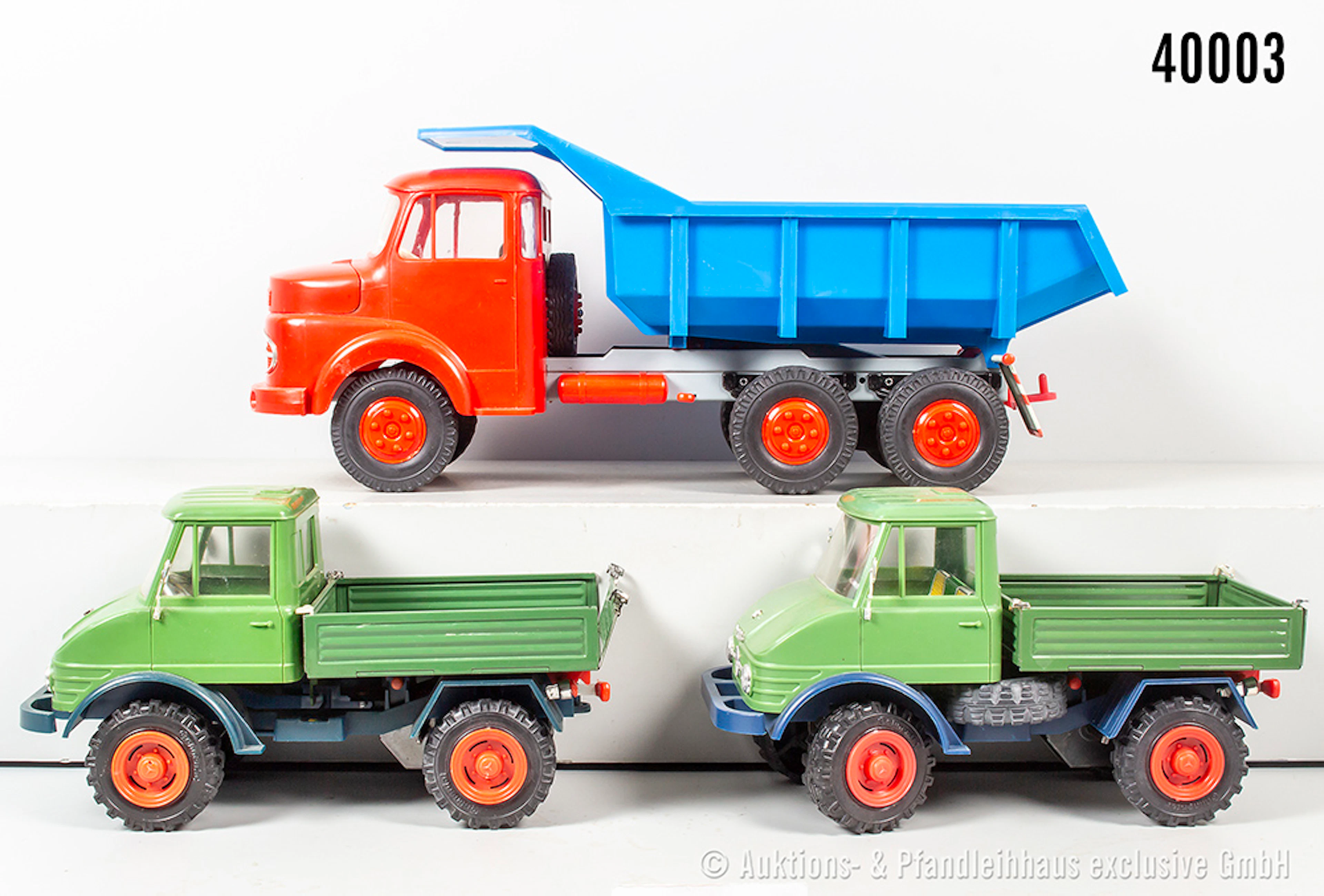 3 Tippco Fahrzeuge, Mercedes-Benz Kipplaster, 2x Mercedes Unimog