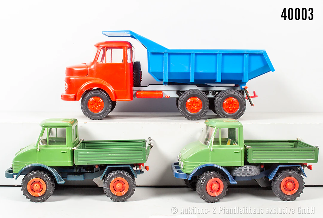 3 Tippco Fahrzeuge, Mercedes-Benz Kipplaster, 2x Mercedes Unimog