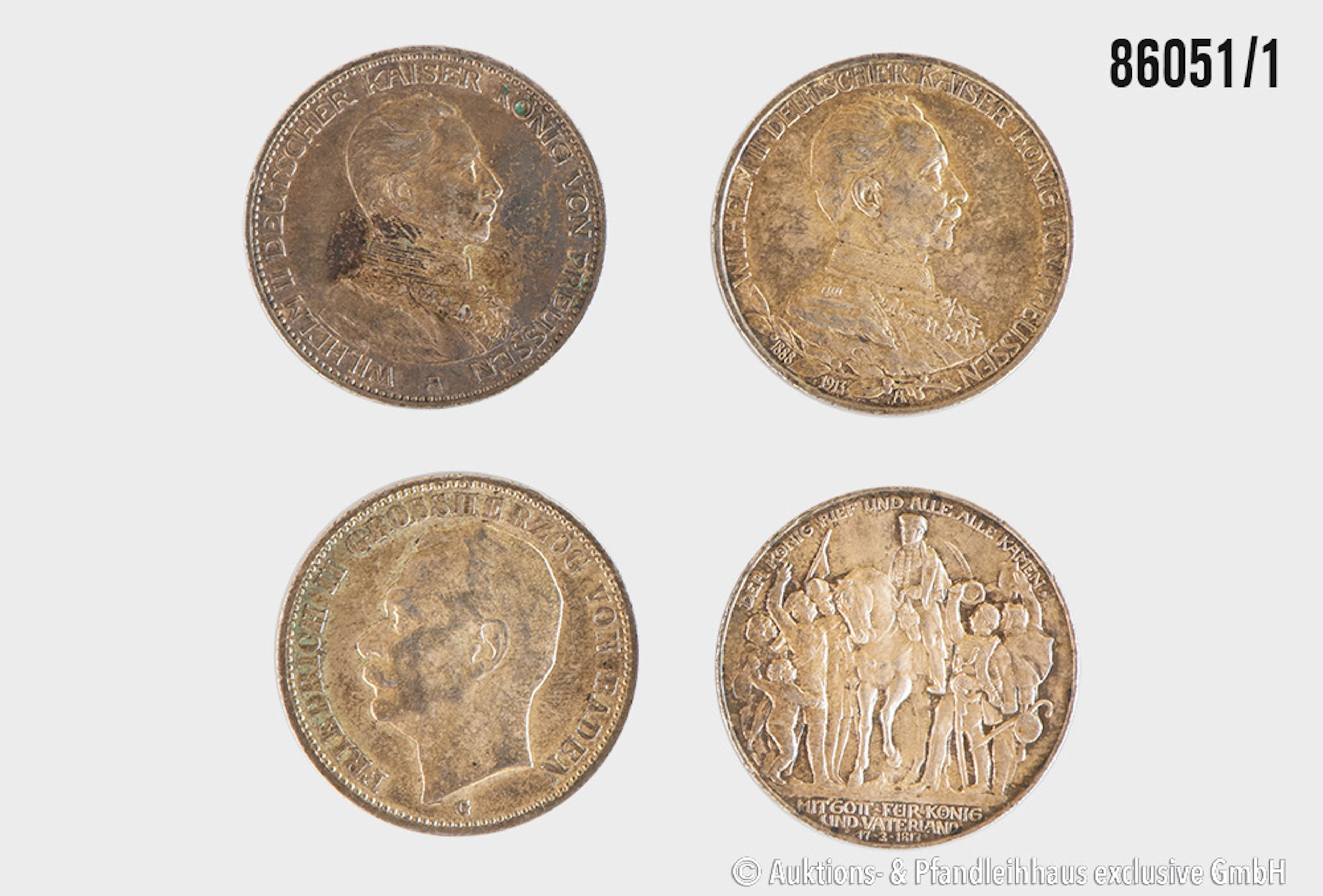 Kaiserreich Konvolut 4x 3 Mark, 1x Baden 1914 G, 1x Preußen 1913 Der