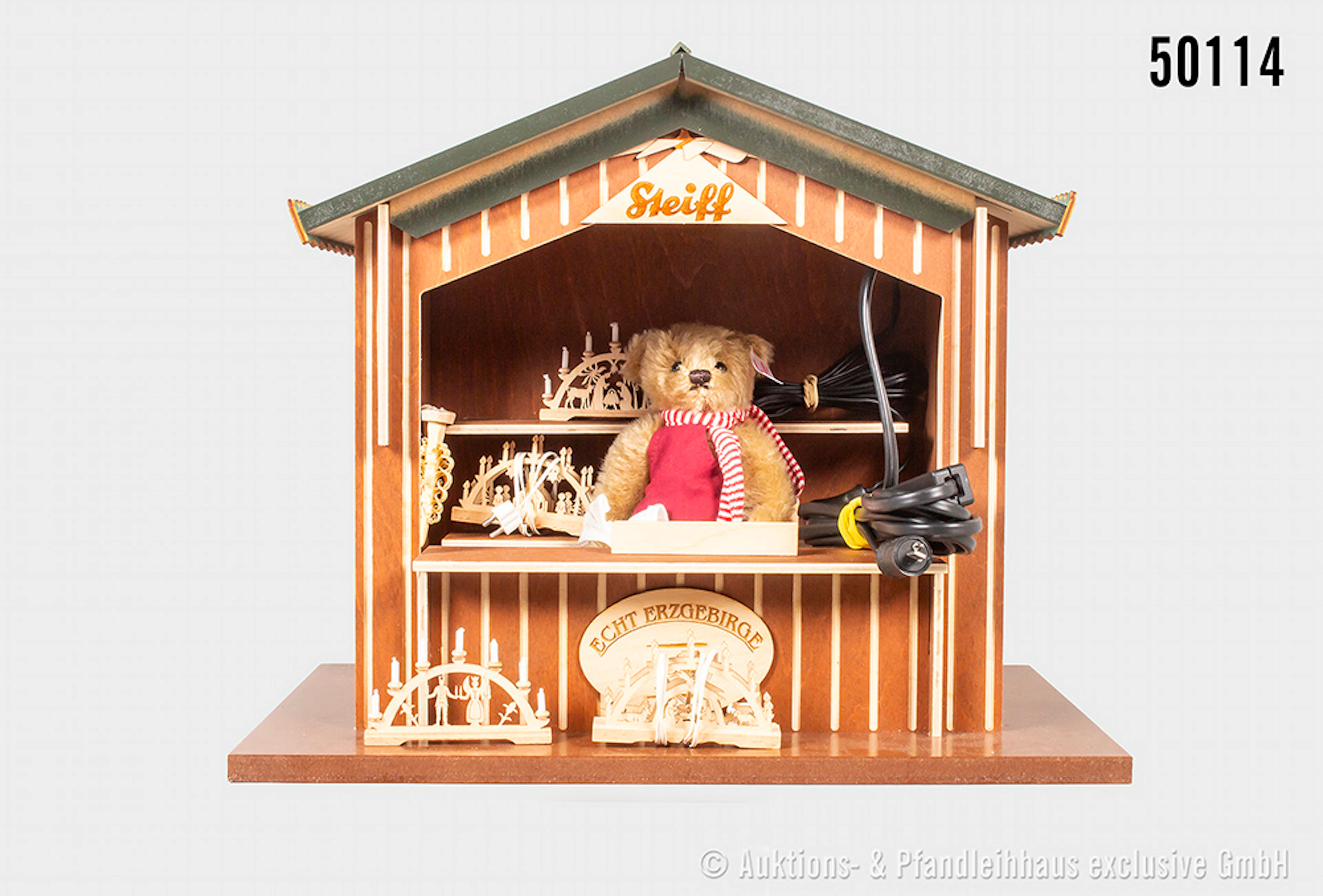 Steiff Erzgebirge Weihnachtsstand, Teddy, Mohair, Nr. 657221, Holzstand