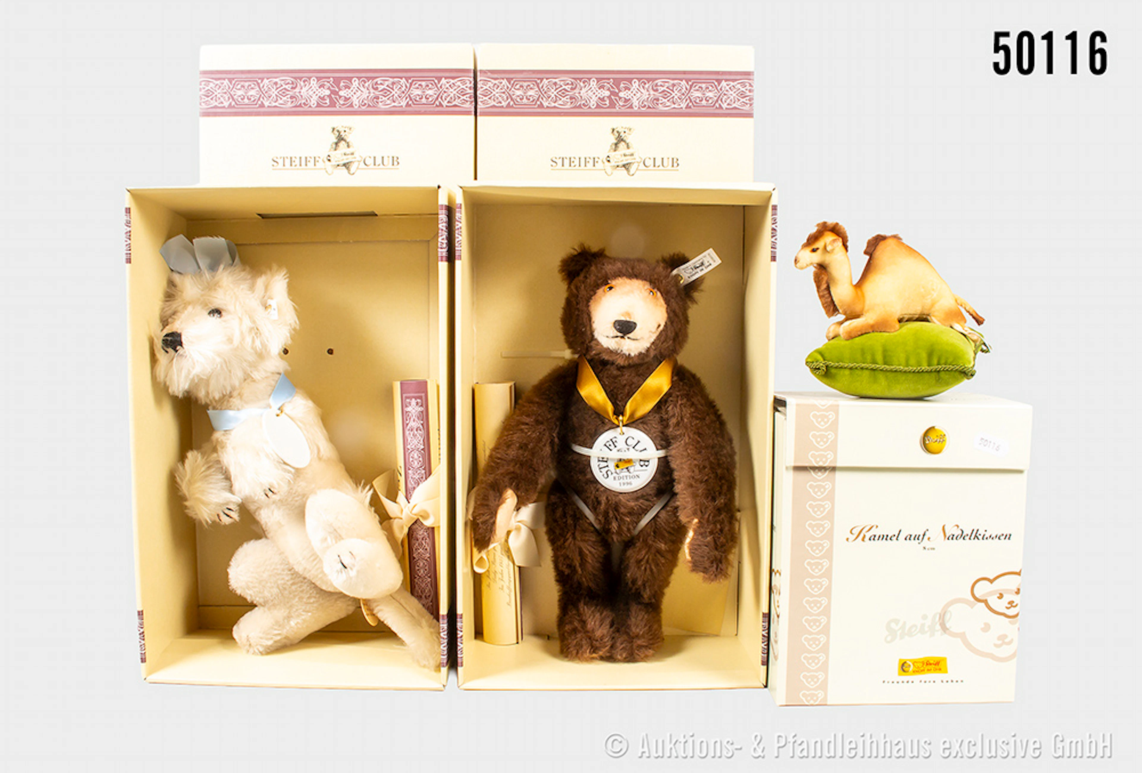 Steiff Replika Tiere, Mohair/ Samt, KF, Pudel Nr. 420085, Porzellanplakette