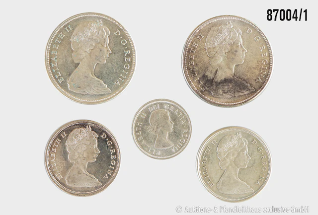Kanada Konvolut 5 Münzen, 1x 25 Cent 1964, Silber 800, 5,85 g, 2x