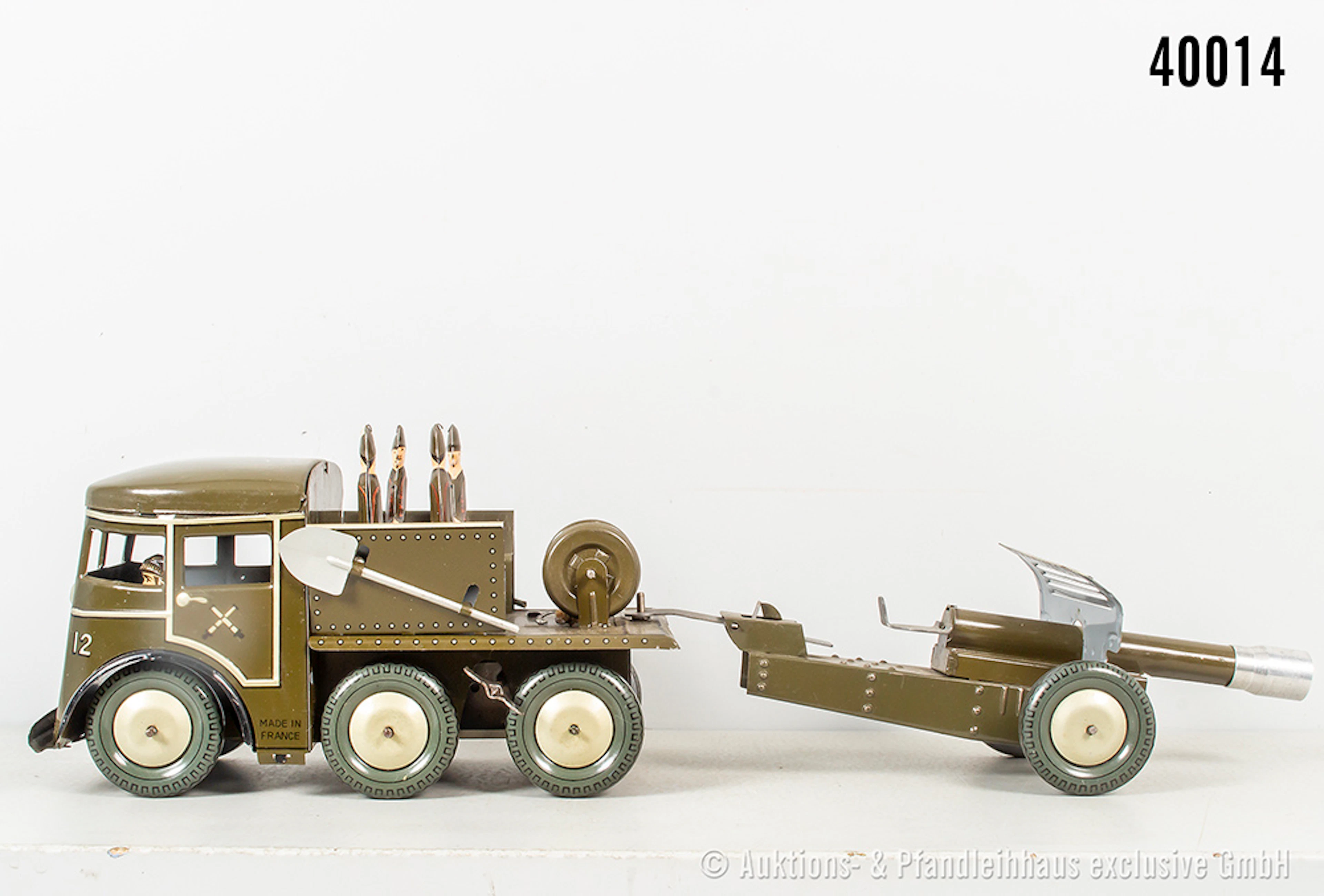 Joustra, Militär-Lkw mit Kanone, Blech, France, Ges-L ca. 43 cm, Uhrwerk