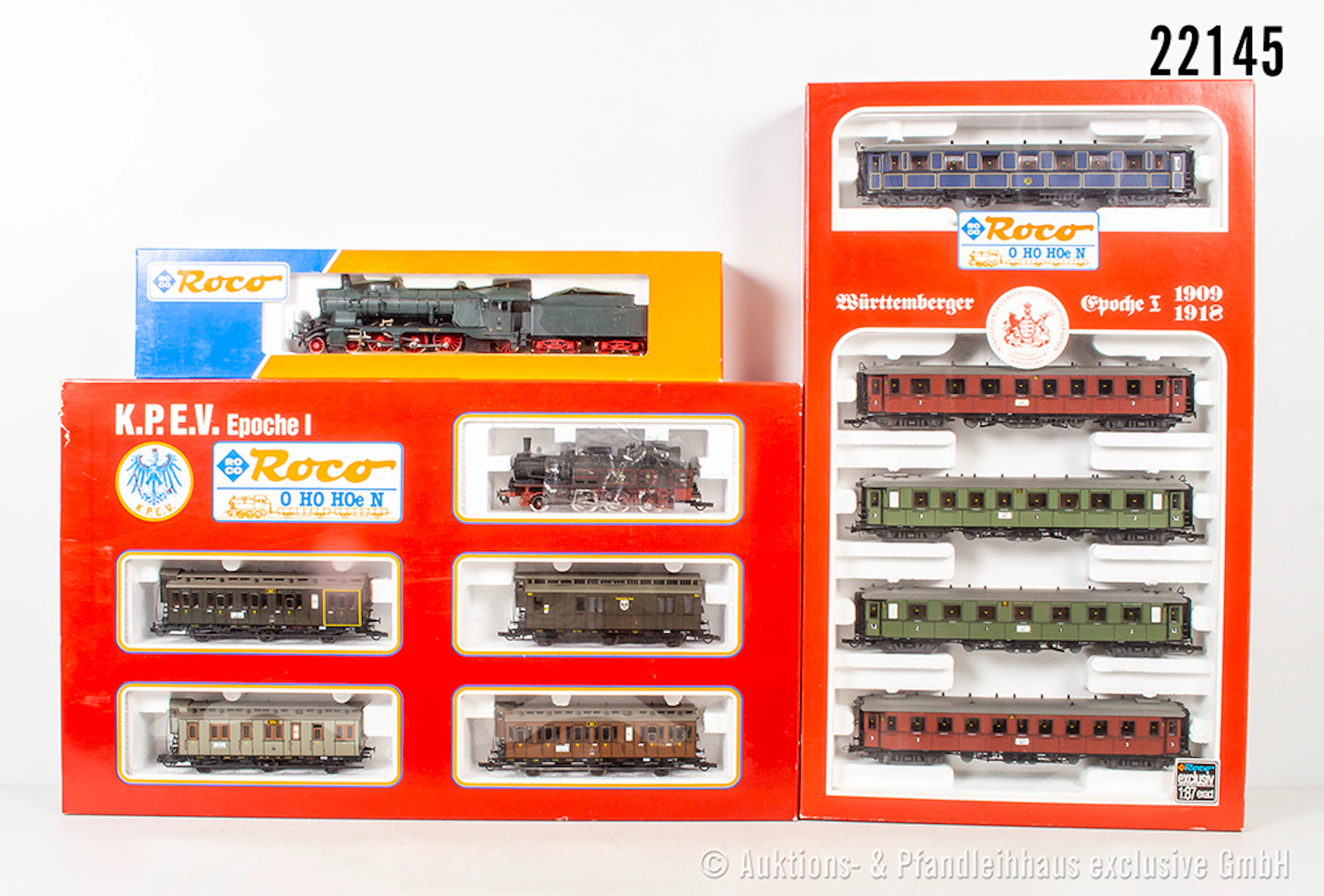 2x Roco H0 Personenzug: 43259 Dampflok Kl. C, K.W.St.E. & 44006 5tlg.