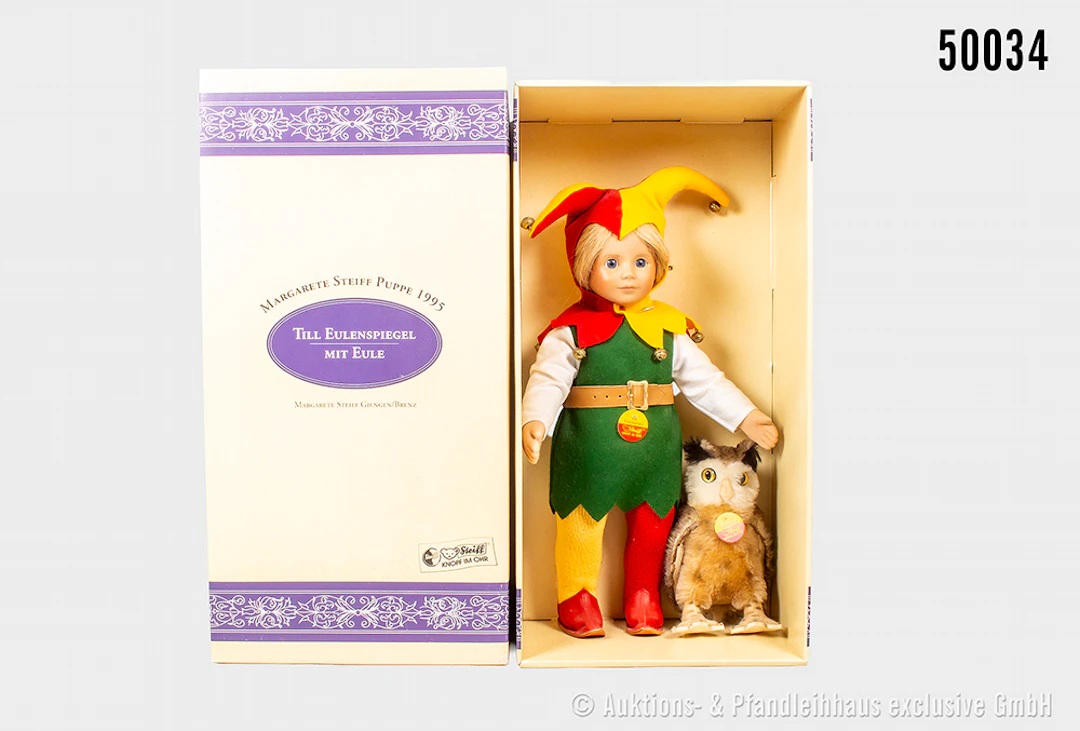 Steiff Puppe Till Eulenspiegel mit Eule, Eule mit Knopf und Fahne