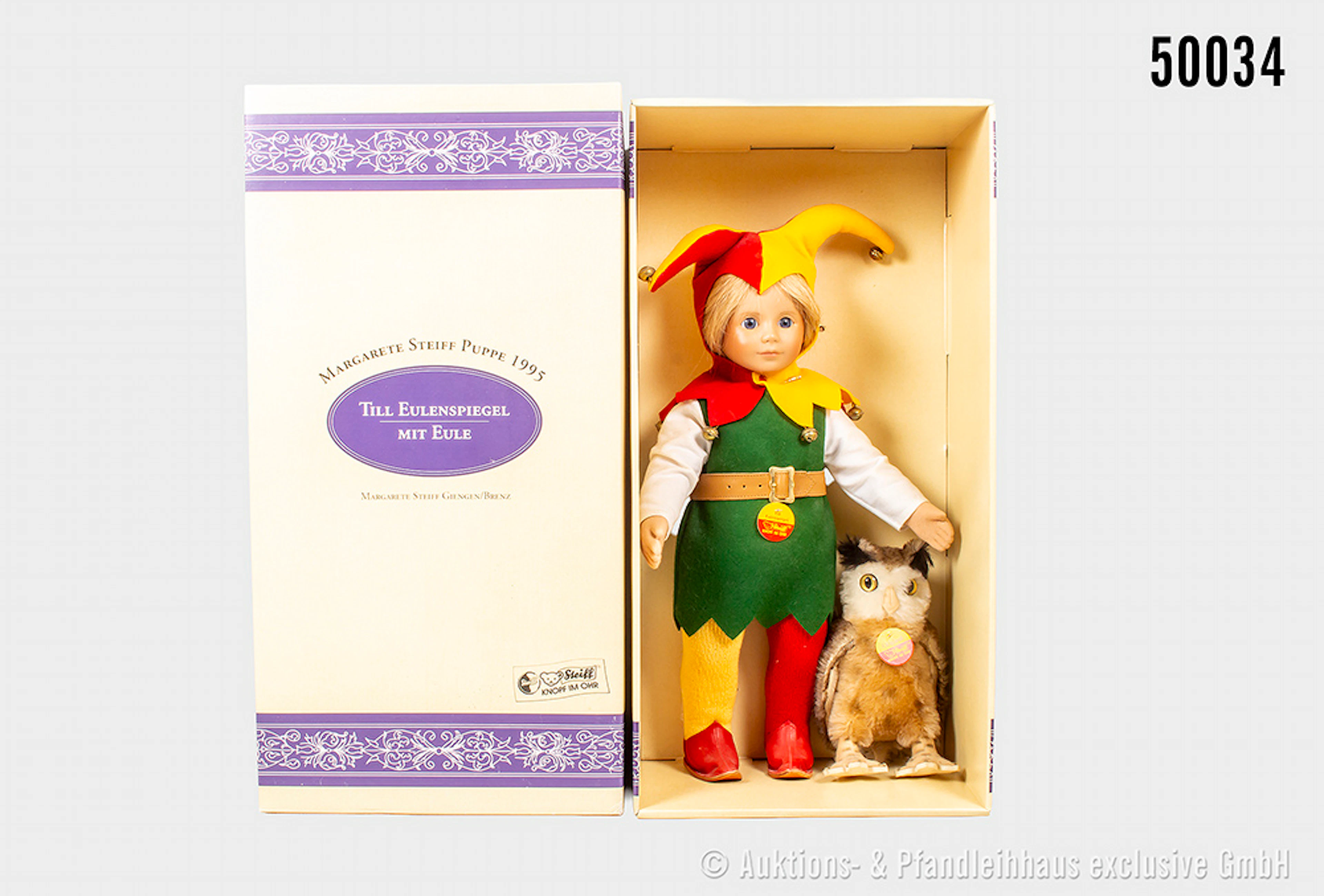 Steiff Puppe Till Eulenspiegel mit Eule, Eule mit Knopf und Fahne