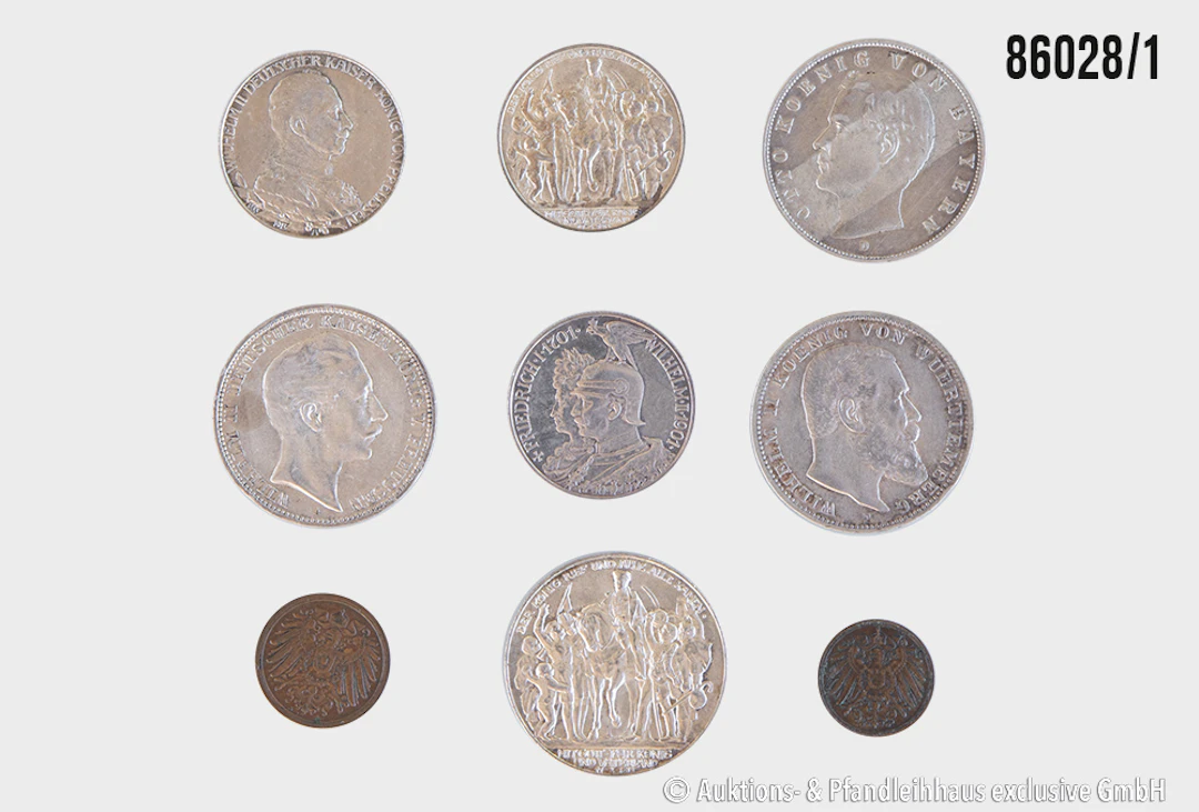 Kaiserreich Konvolut 9 Münzen, 1x 1 Pf. 1913 G, 1x 2 Pf. 1913 A, 3x