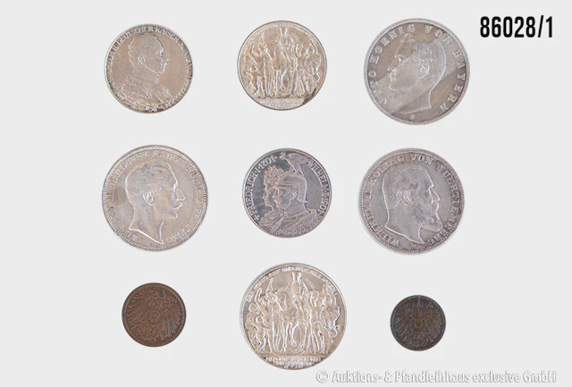 Kaiserreich Konvolut 9 Münzen, 1x 1 Pf. 1913 G, 1x 2 Pf. 1913 A, 3x