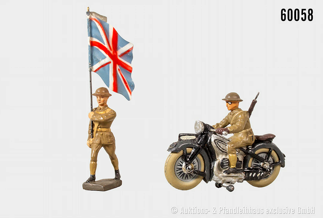 Lineol englischer Motorradfahrer und Fahnenträger, Masse/ Blech, 7 cm, Z 1
