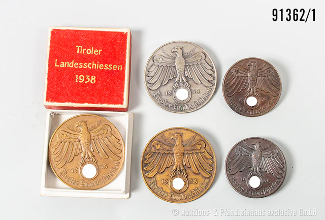Konv. 5 Tiroler Landesschützenabzeichen 1938, große und kleine Ausführungen