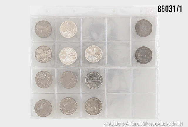 BRD Konvolut 13 Münzen, 5x 5 Mark Heiermann, Silber 625, 6x 5 Mark