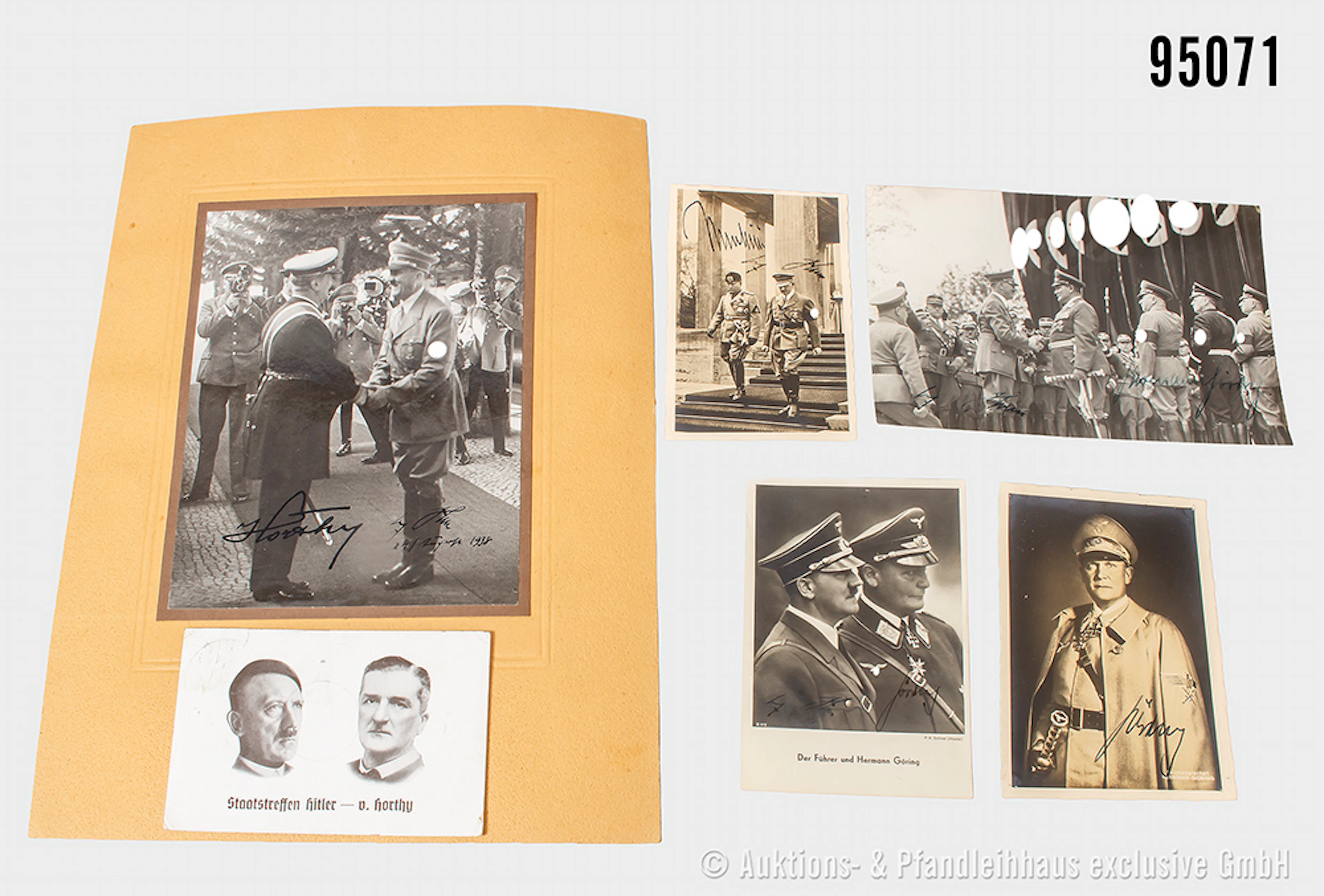 Konv. 6 Fotos und Postkarten 3. Reich, u.a. Göring, Mussolini, Hitler