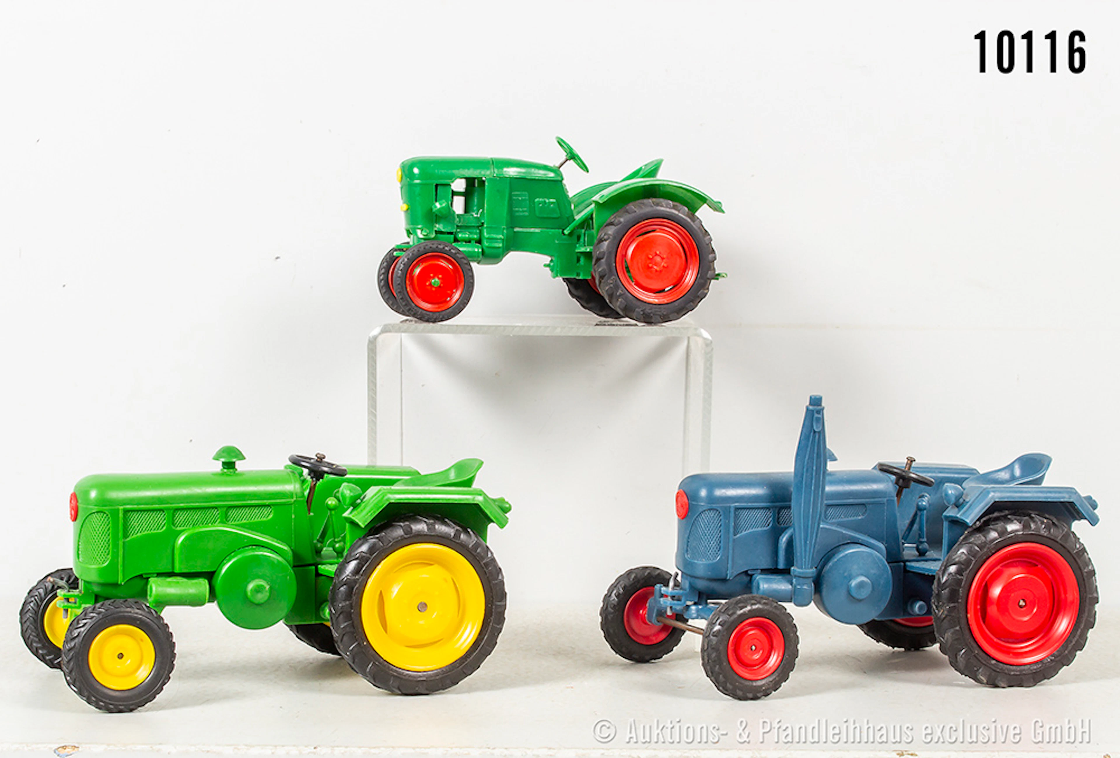 3 Traktormodelle, 2x Rex, 1x Hausser, Kunststoff, L bis ca. 13 cm, Z 1-3
