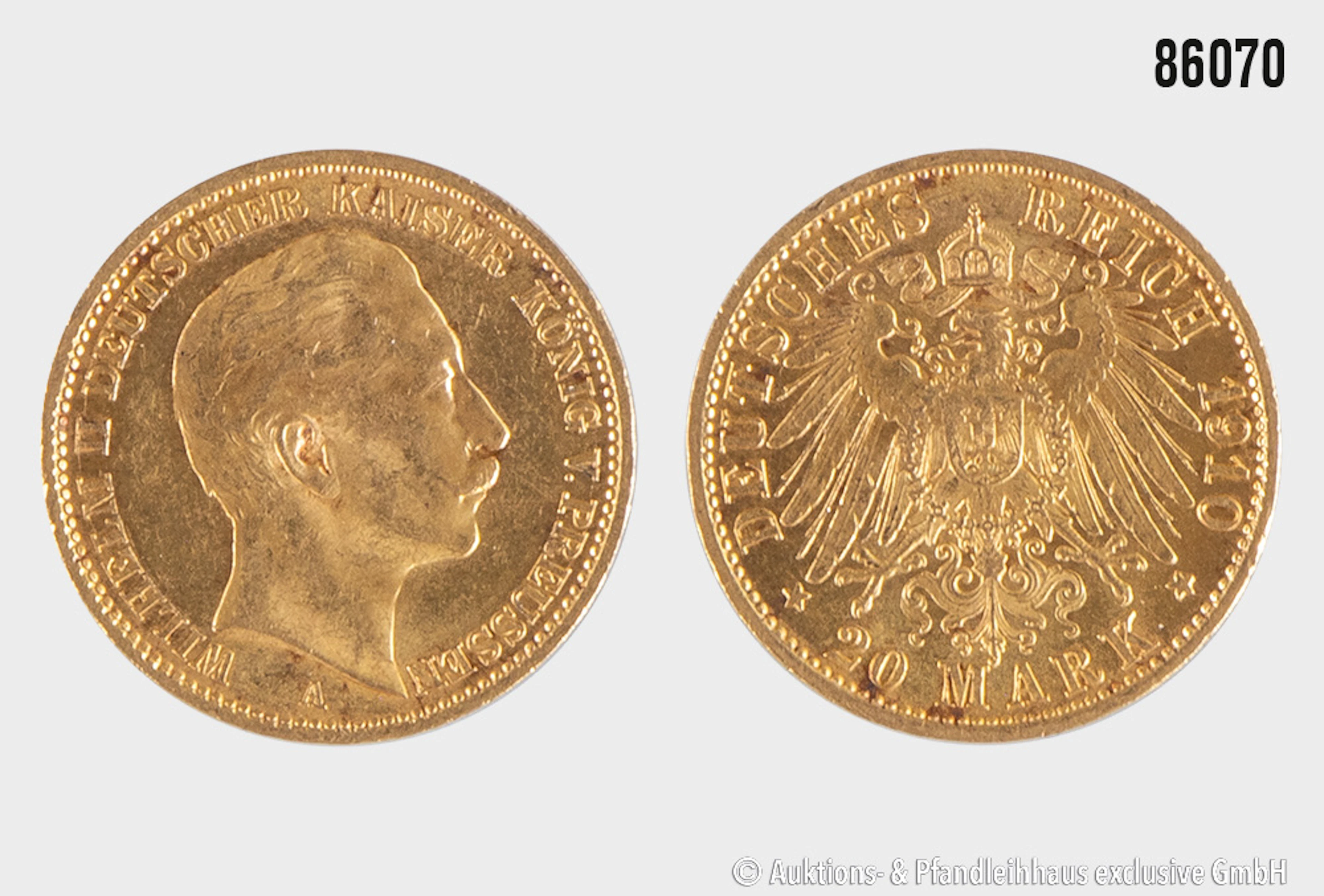 Kaiserreich 20 Mark 1910 A, Gold 900, 7,978 g, vermutlich Schmitt/Hausmann