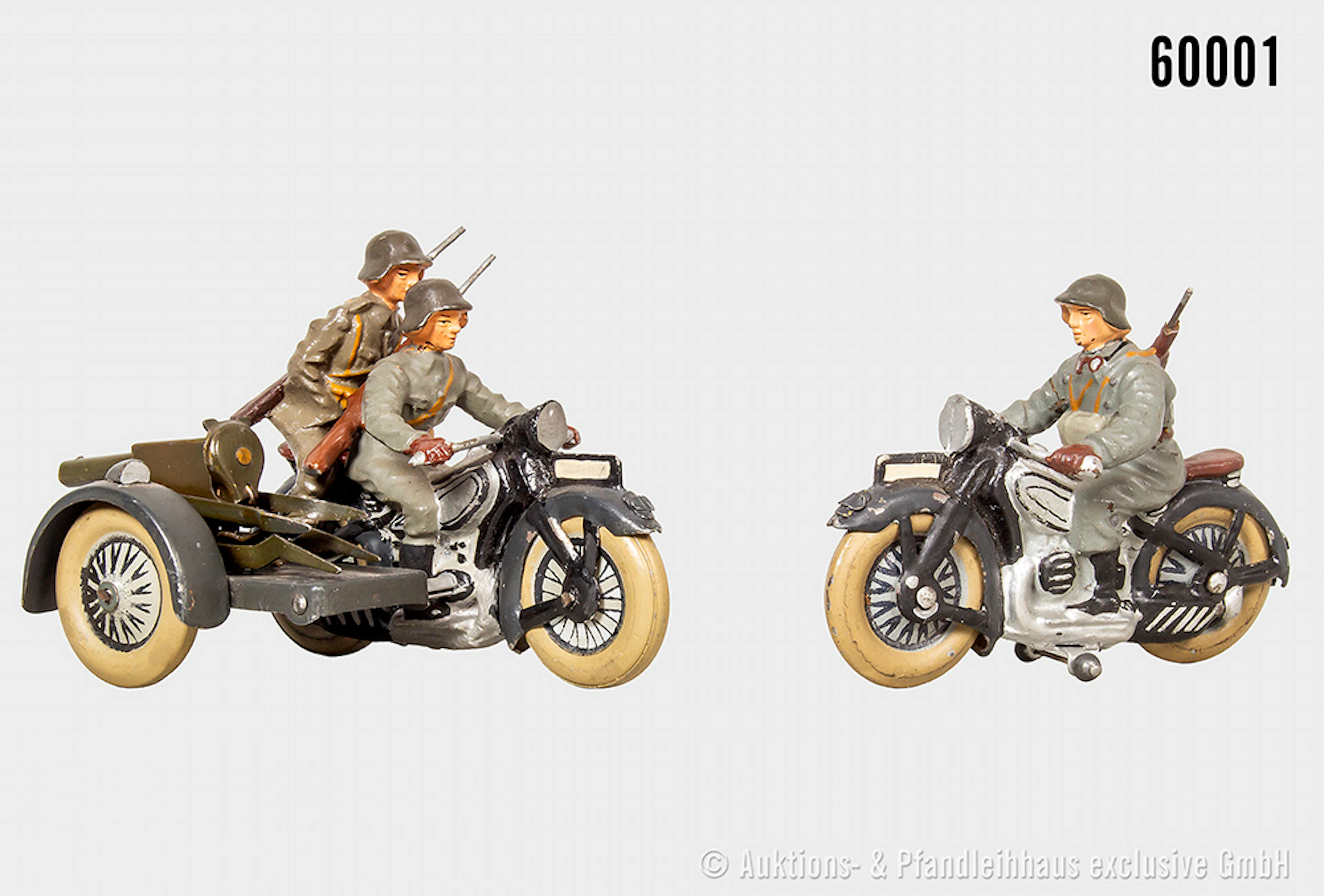 Lineol dänische Motorräder, 1 x Sozius, 1x mit Beiwagen mit SMG, Masse/