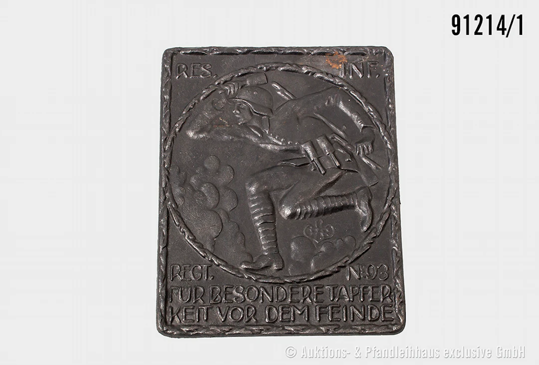 geschwärztes Eisenrelief 1. WK "Res. Inf. Reg. Nr. 93 Für besondere