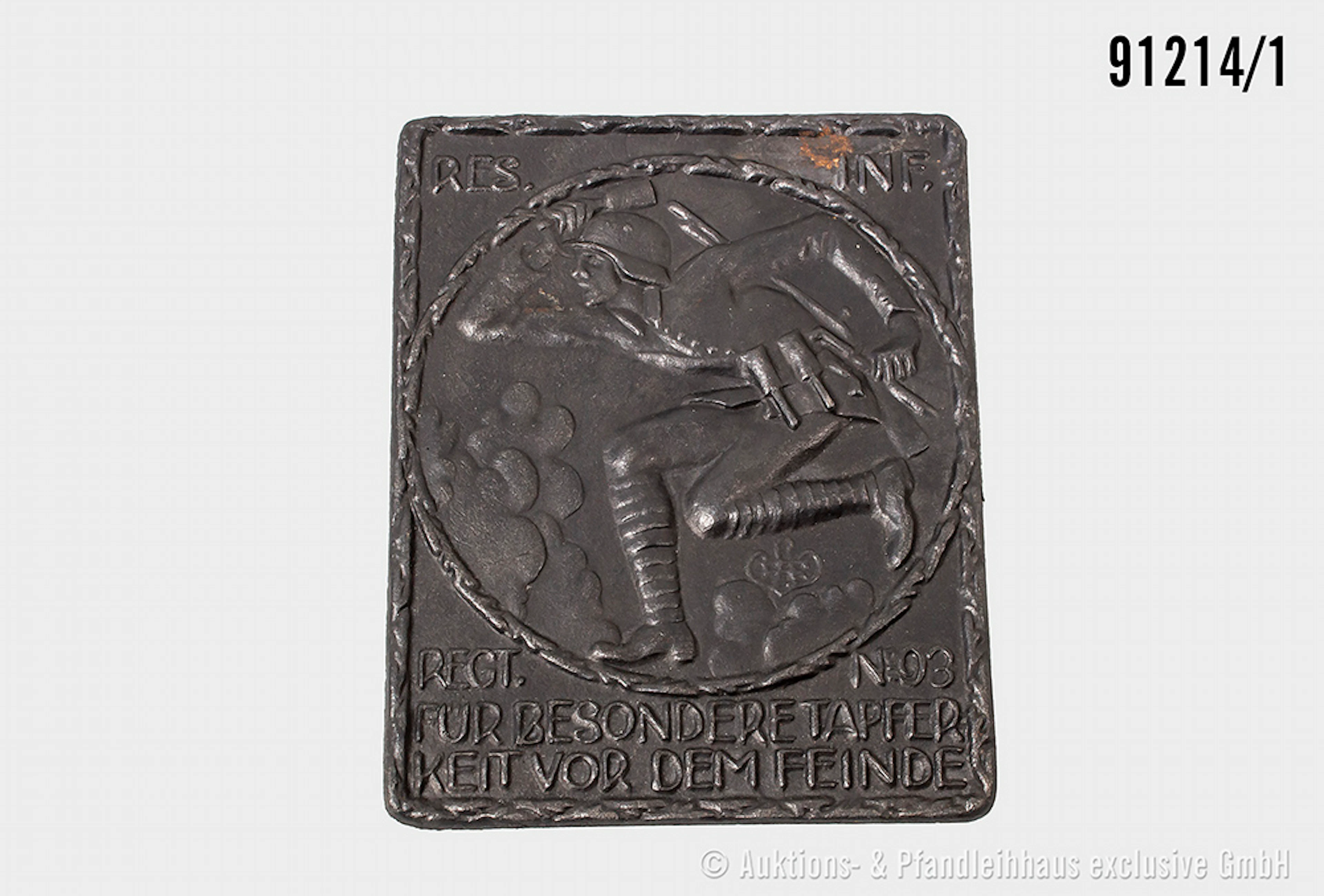 geschwärztes Eisenrelief 1. WK "Res. Inf. Reg. Nr. 93 Für besondere