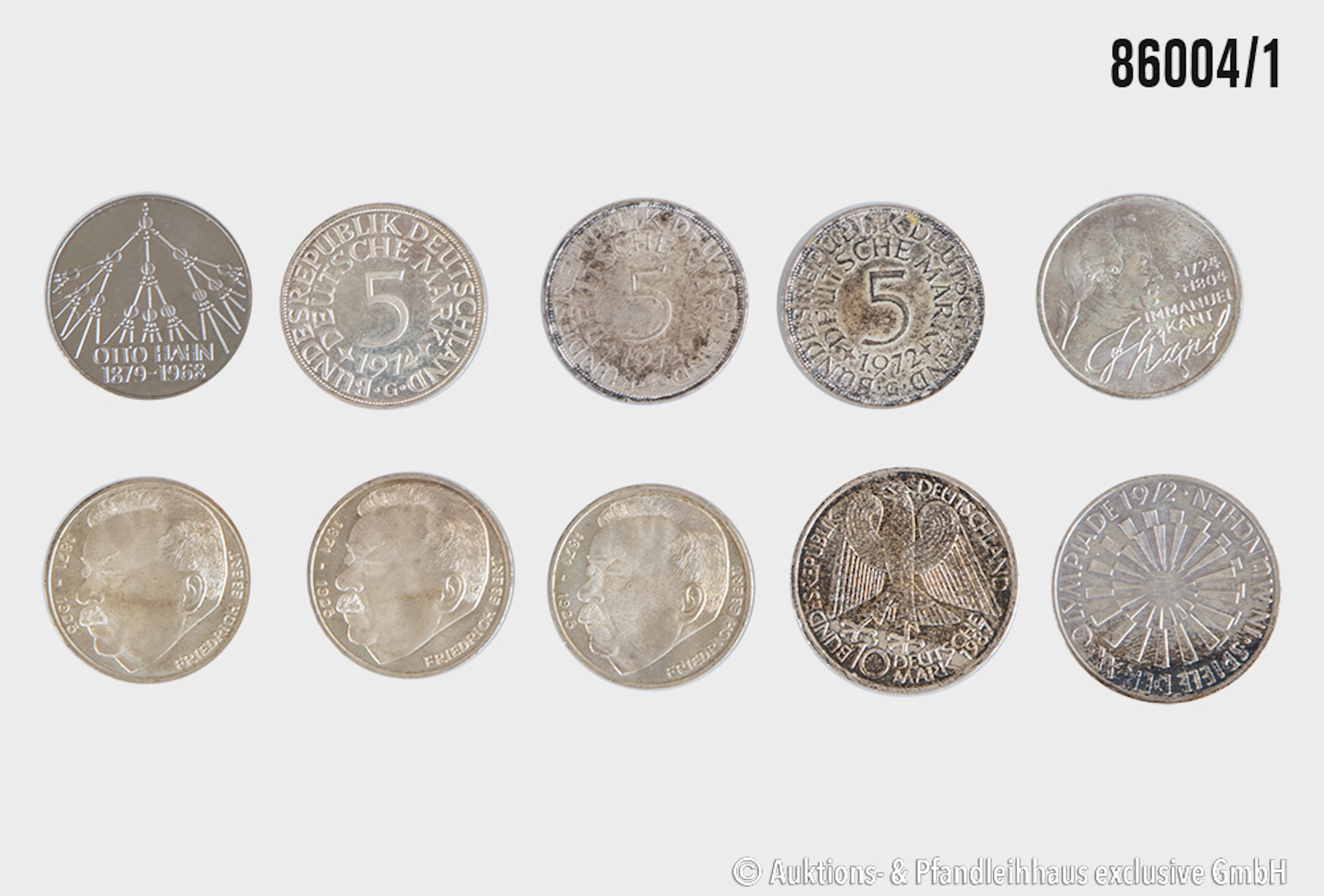 BRD Konvolut 10 Münzen, 1x 10 DM 1972 D Olympische Spiele, 1x 10 DM