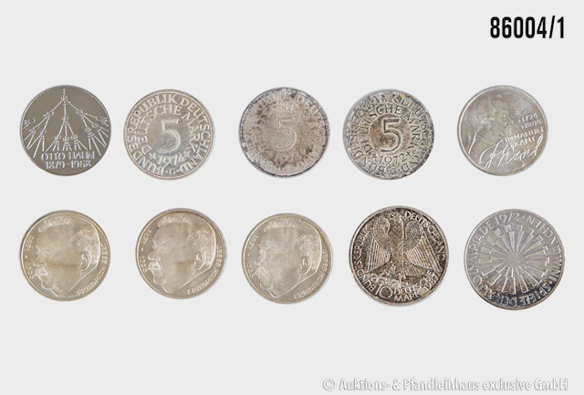 BRD Konvolut 10 Münzen, 1x 10 DM 1972 D Olympische Spiele, 1x 10 DM