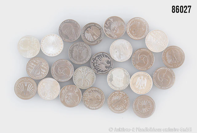 BRD Konvolut 24x 5 DM, 1x Heiermann 1951 J, 7x Gedenkmünzen in Silber