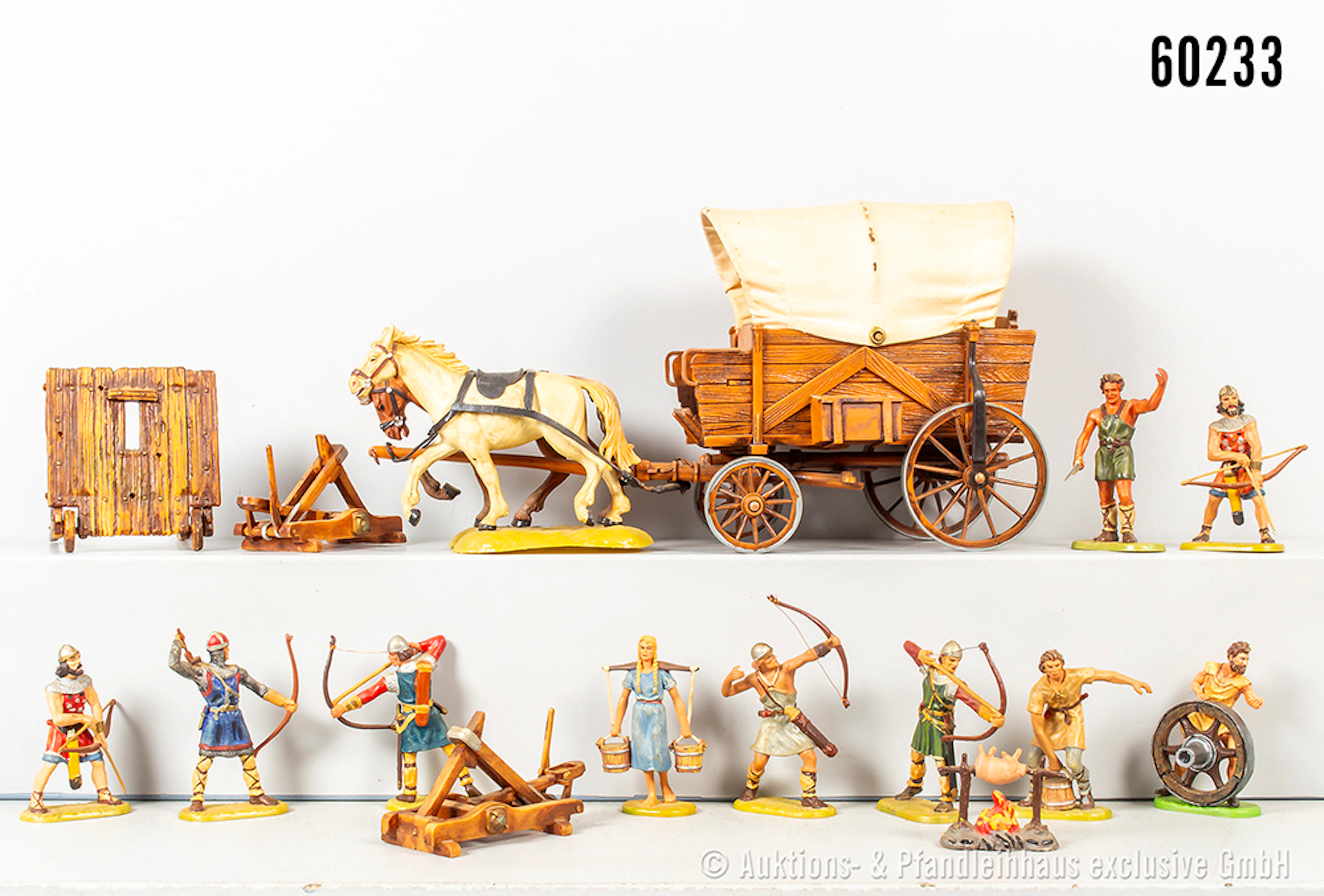Elastolin, Figuren, Planwagen, Onager und Brustwehr, Kunststoff, 7