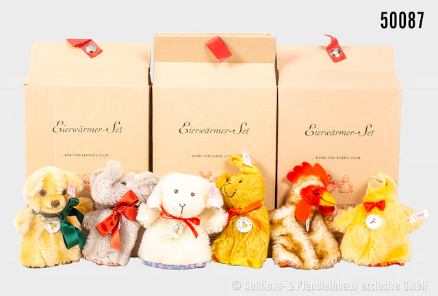 Steiff Club Edition Eierwärmer-Sets, Mohairplüsch, KFS, Bär und Elefant