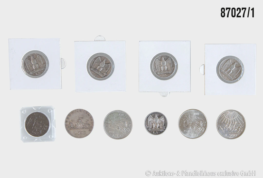 Italien Konvolut 10 Münzen, 5x 5 Lire davon 4x 1927 u. 1x 1929, Silber