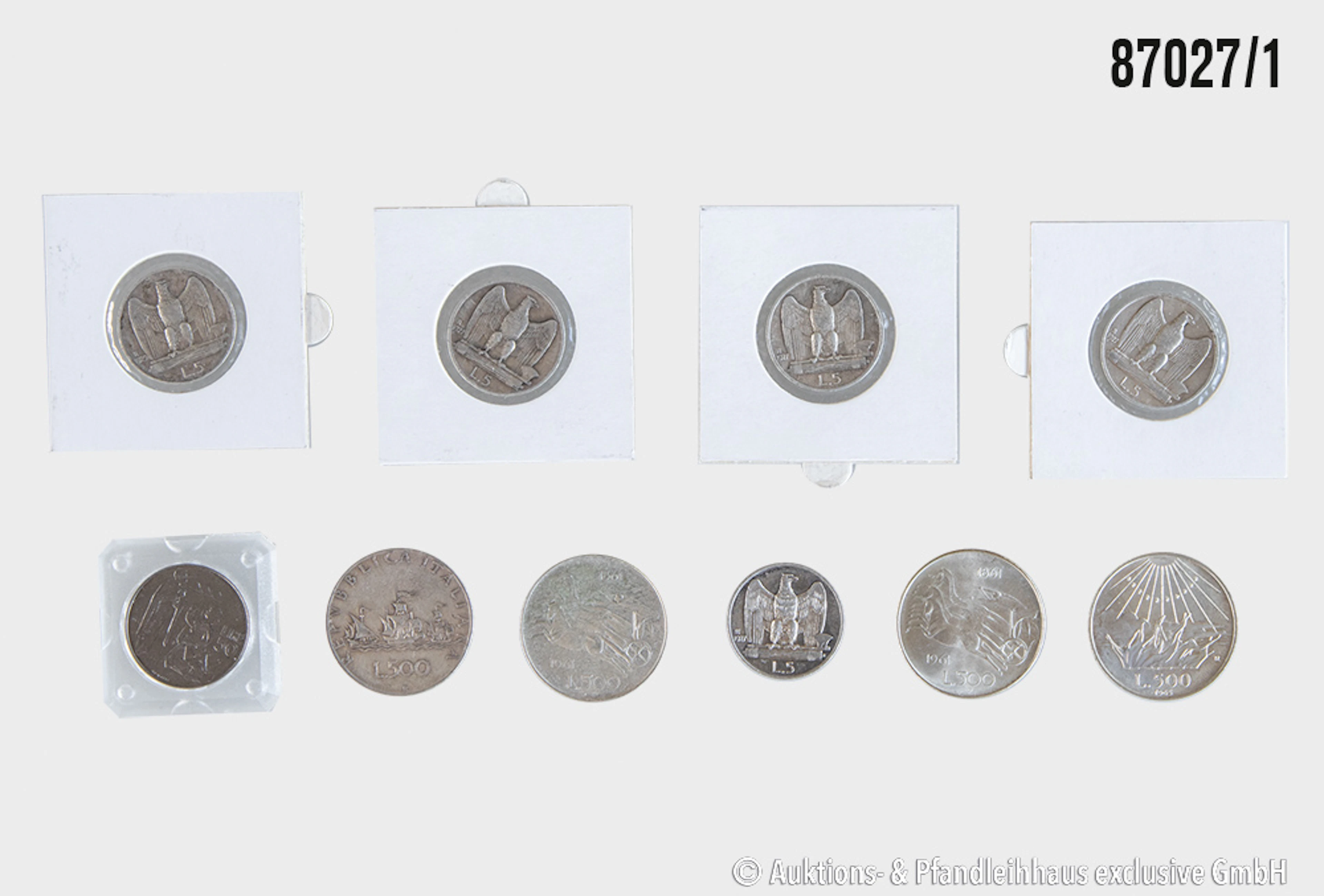 Italien Konvolut 10 Münzen, 5x 5 Lire davon 4x 1927 u. 1x 1929, Silber