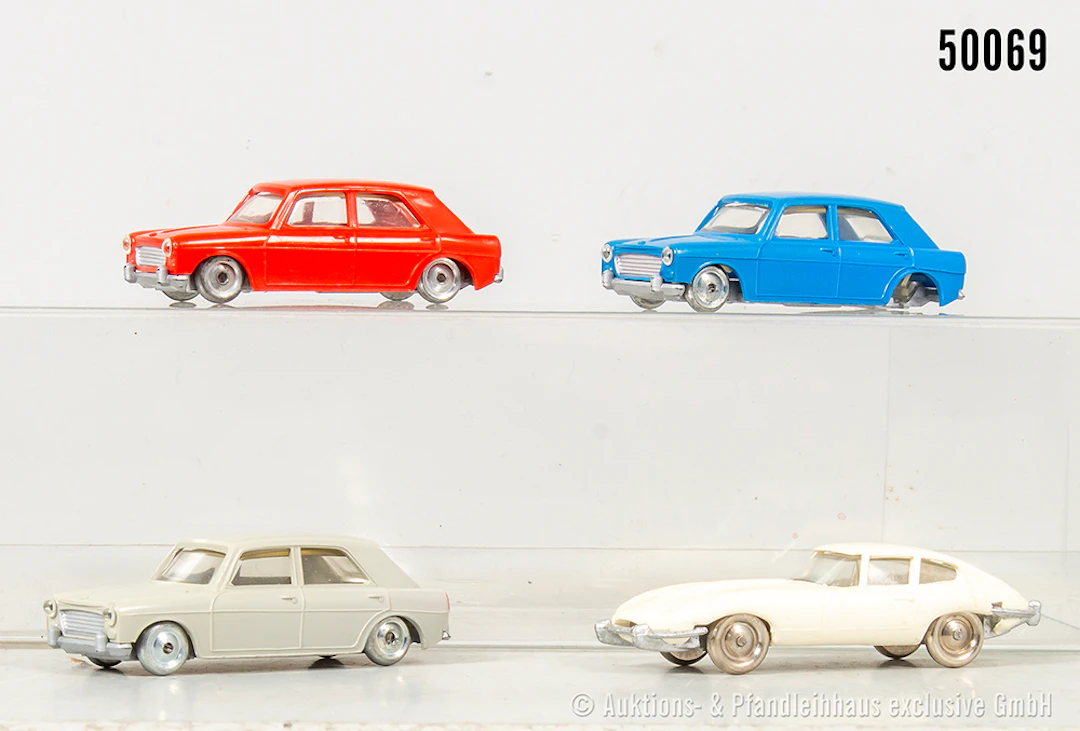 Lego H0 Modellautos, Morris-1100 und Jaguar E, verschiedene Ausführung