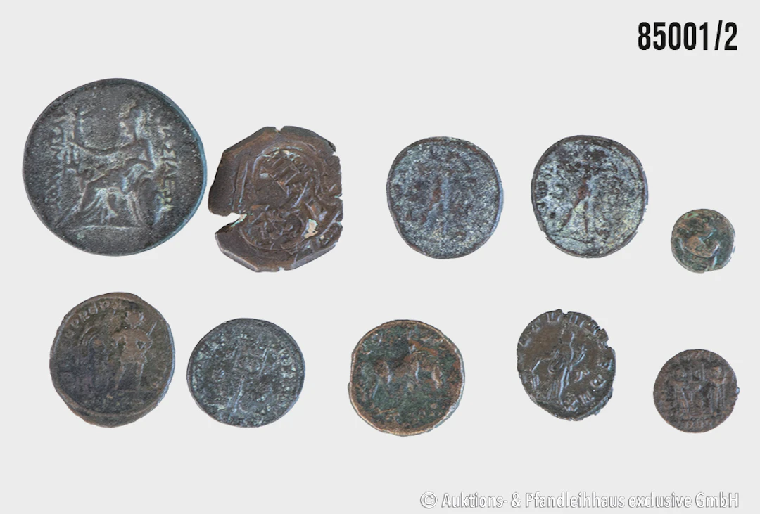Konvolut 10 römische od. griechische Münzen (1x vermutl. Spanien)