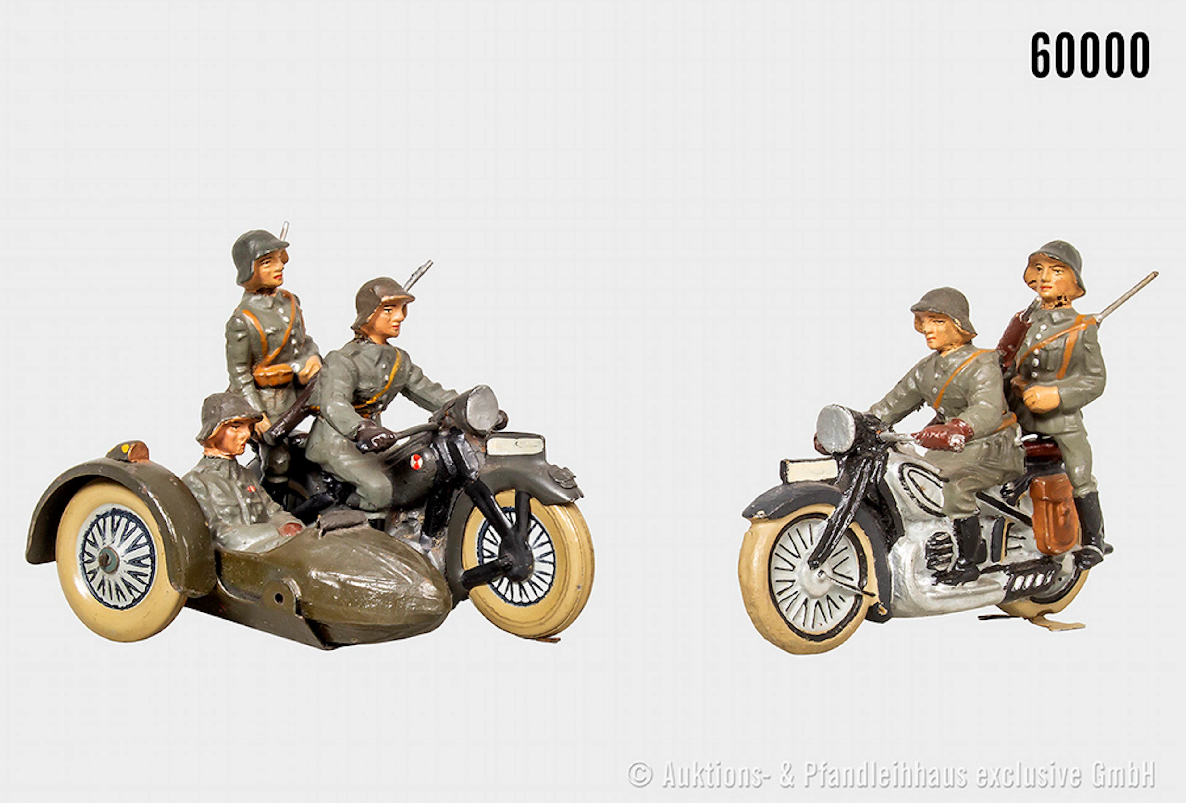Lineol dänische Motorräder, je mit Sozius, 1x mit Beiwagen (Haltestiftverbindung