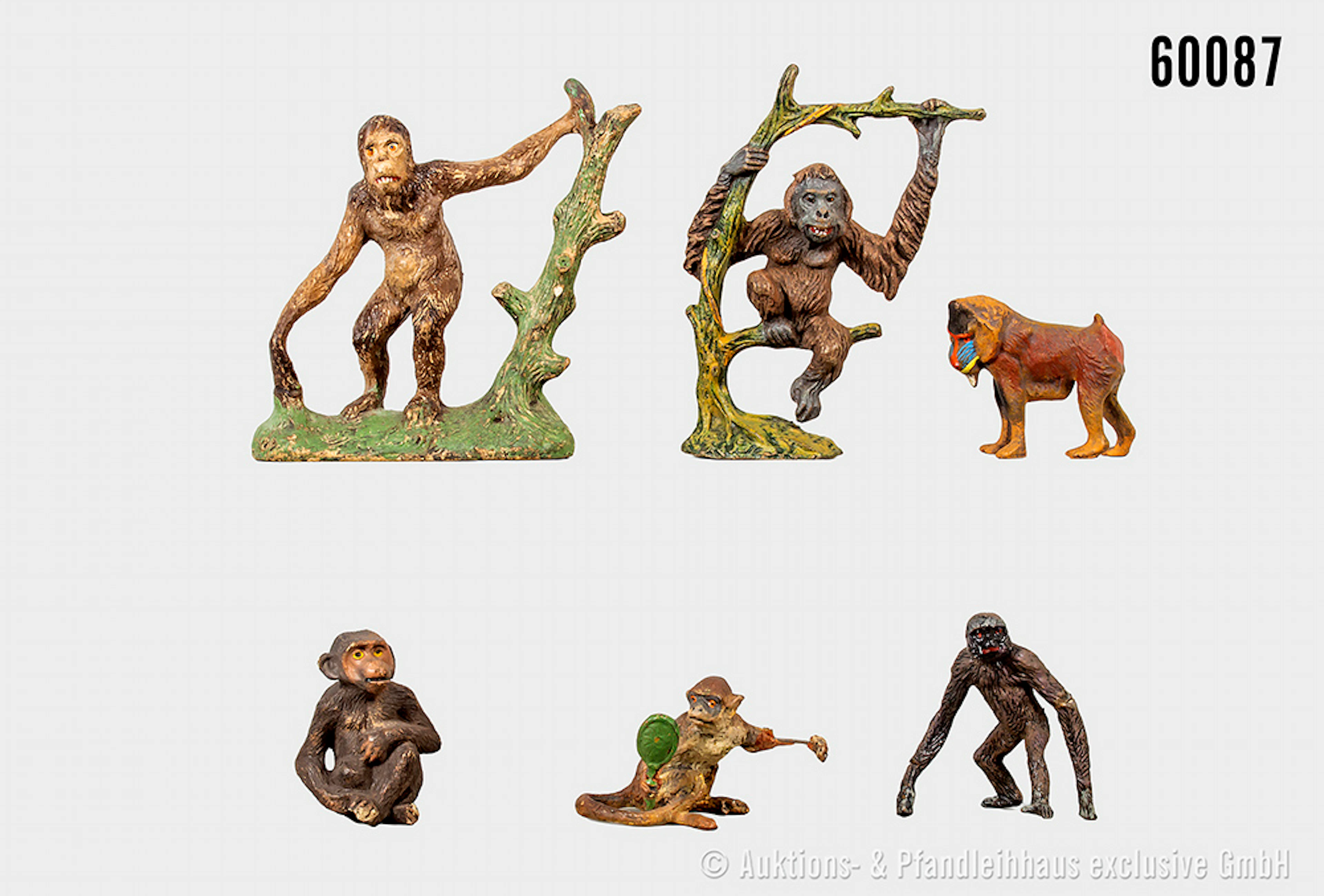 Tiere, u.a., Affe mit Spiegel (beschädigt), Mandrill, Gorilla, Masse