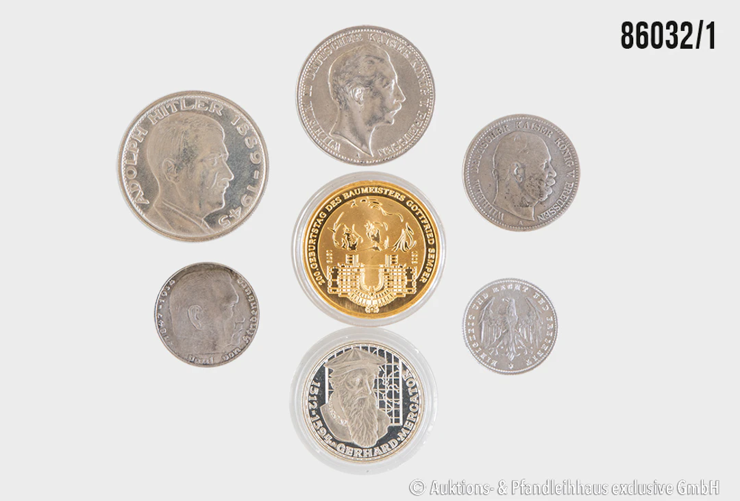 Kaiserreich bis BRD Konvolut 7 Münzen, 1x 2 Mark 1876 A Preußen, 1x