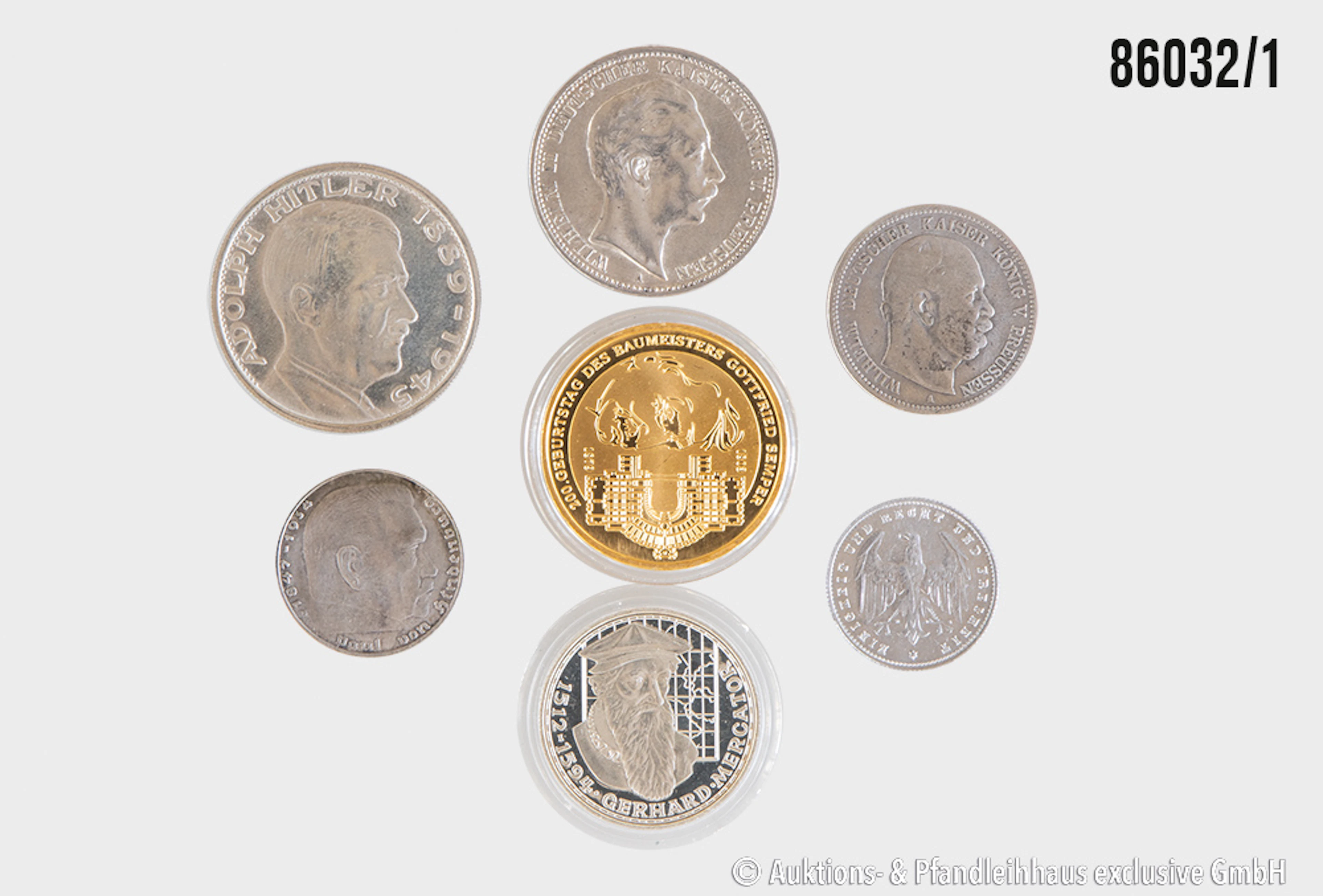 Kaiserreich bis BRD Konvolut 7 Münzen, 1x 2 Mark 1876 A Preußen, 1x