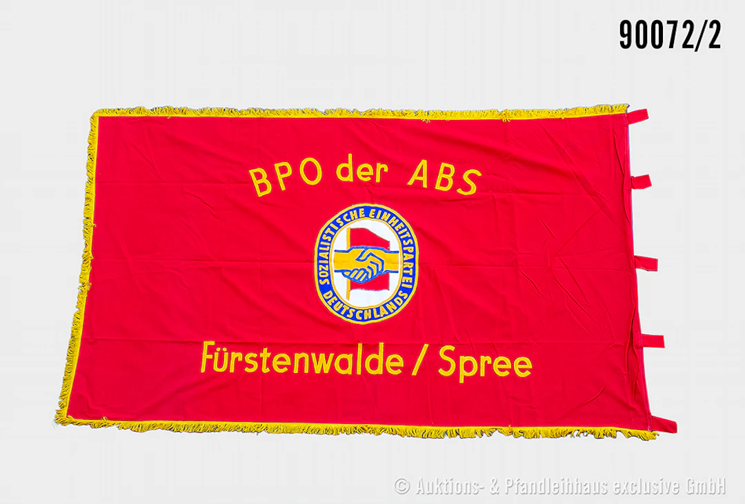DDR Fahne SED mit Fransen, beidseitig bestickt "BPO der ABS Fürstenwalde/Spree"