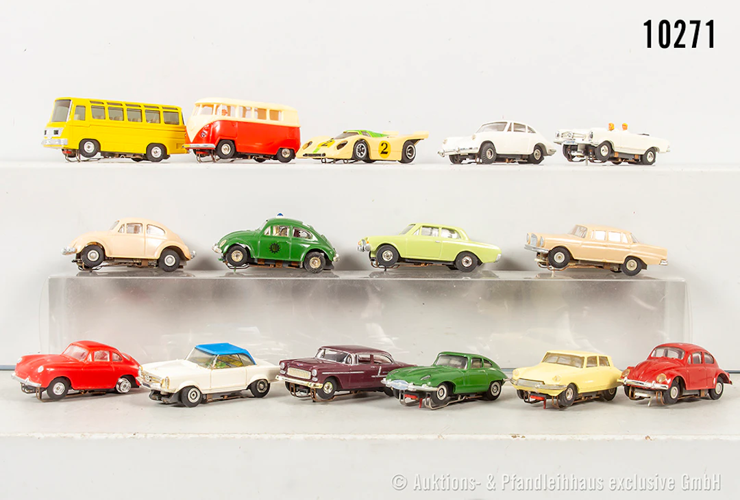 Überwiegend Faller Slotcars, dabei Pkw und Busse, Kunststoff, L bis