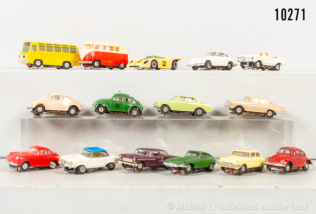 Überwiegend Faller Slotcars, dabei Pkw und Busse, Kunststoff, L bis