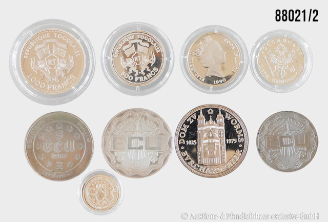 Konvolut 9 Münzen / Medaillen, 1x Dom zu Worms1975, Silber 1000, 25,39