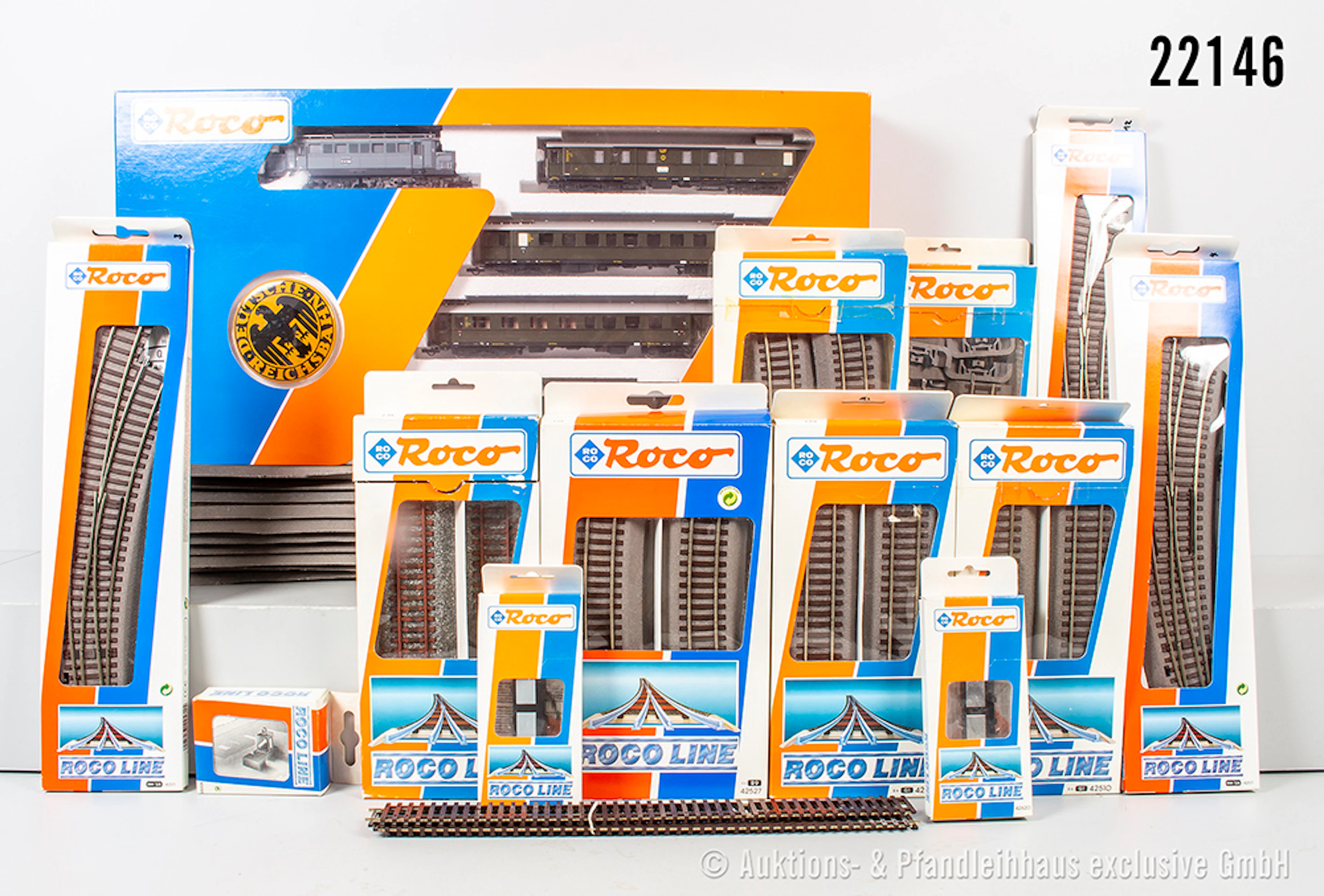 Roco H0: 43032 Personenzug, DRG, E-Lok, BN E44 064, 4 Wagen, Gleise