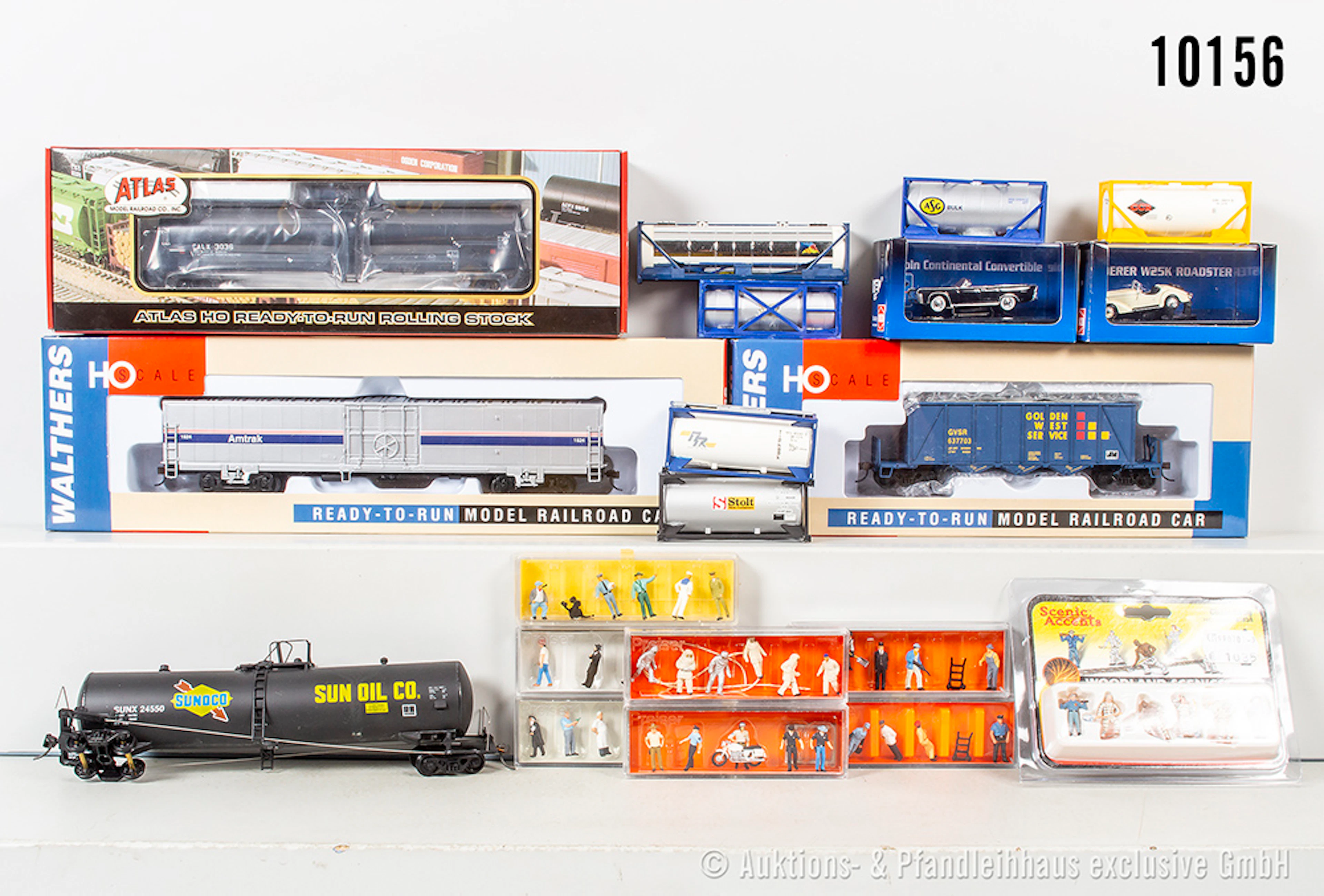 Konv. H0 Modellautos, Güterwagen, Zubehör und Figurensets, dabei Atlas